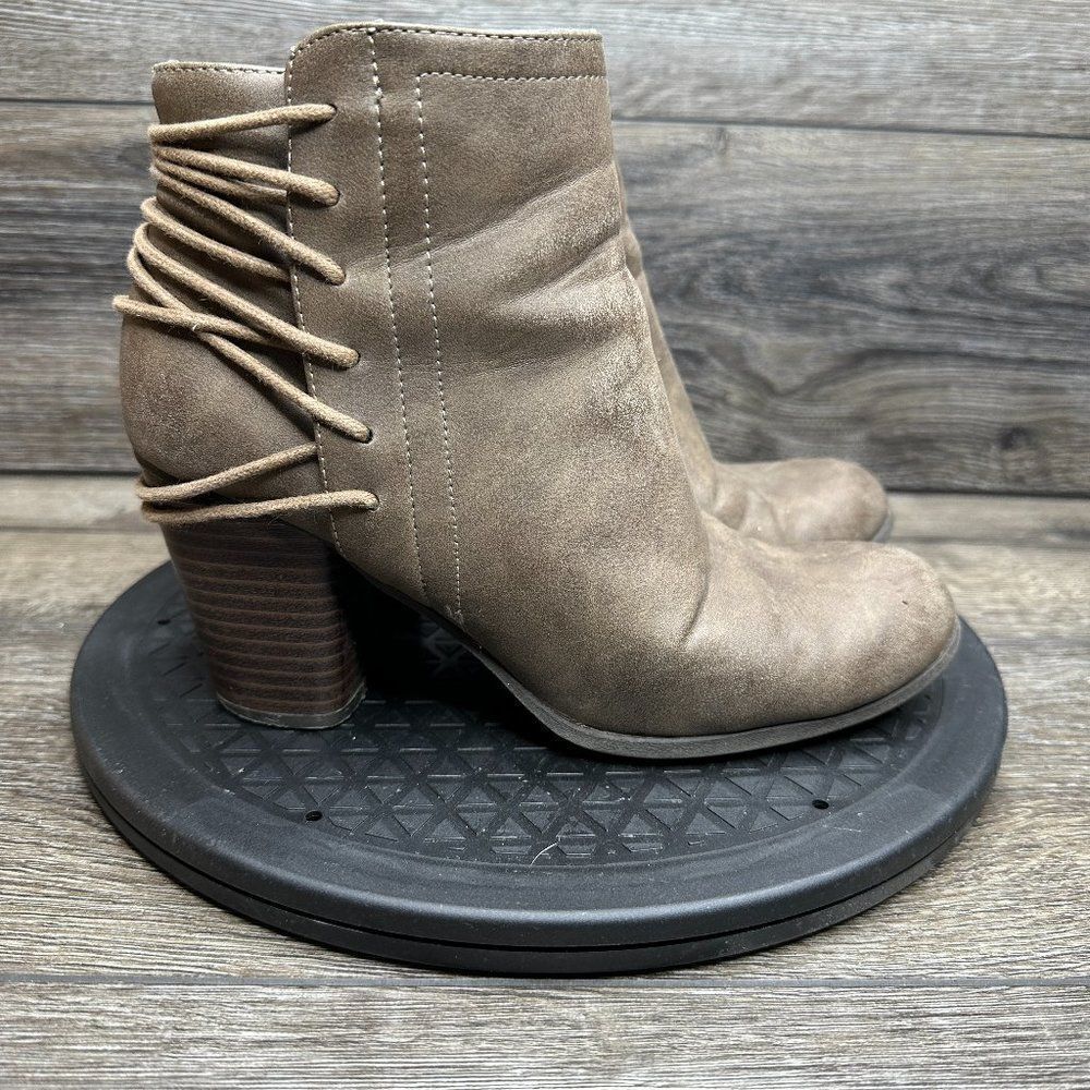 Madden Girl Dutton Ankle Boots Booties 8.5M Zip Stack Heel Tan Brown Leather